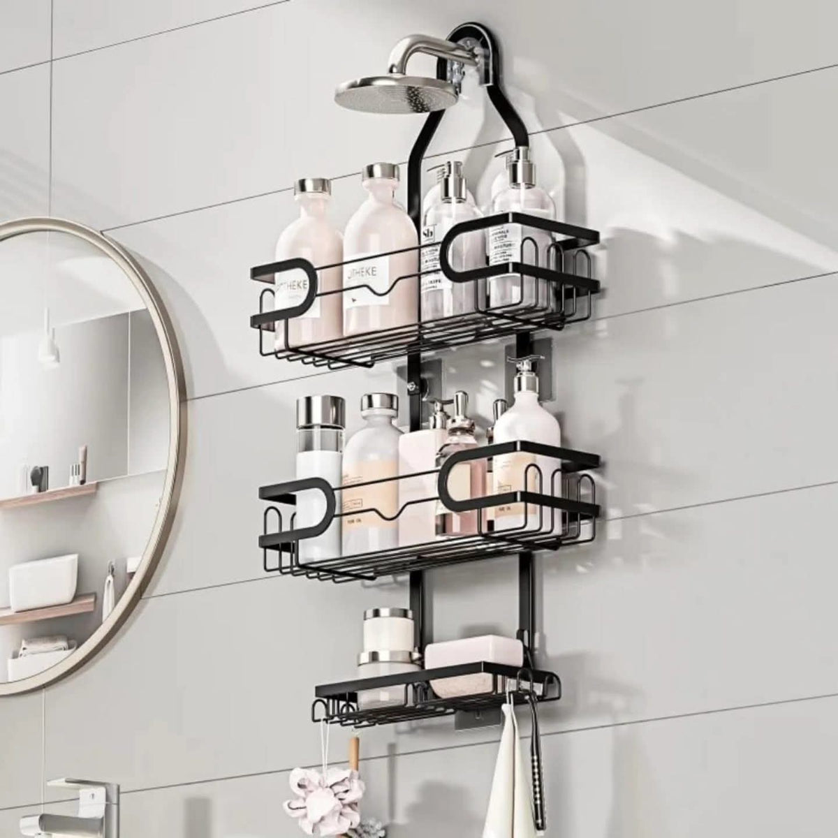 Gemelli Collections wall-mounted metal bathroom shelf with multi-tier storage and quick-drain design