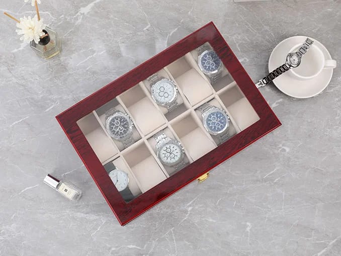 12-Slot Wooden Watch Organiser With Glass Top