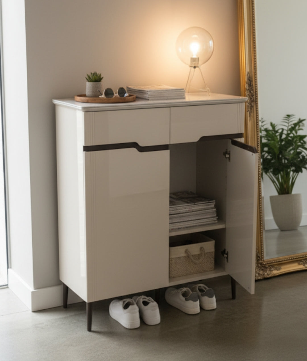 Marble-top wooden shoe cabinet with storage compartments