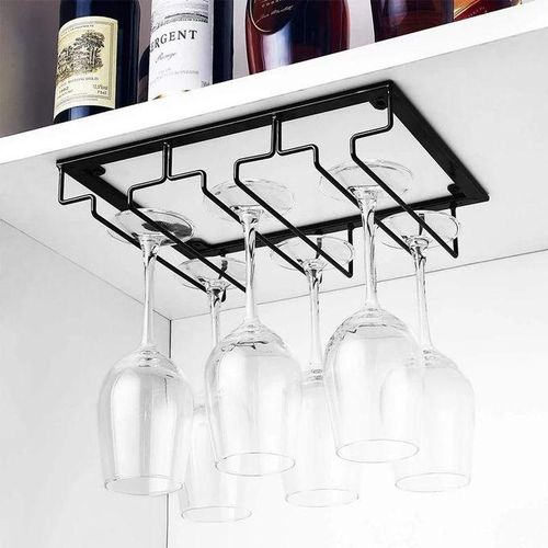 Mountable Wine Glass Rack – Black and Gold Stemware Holder for 6 Glasses Under Cabinet Storage -