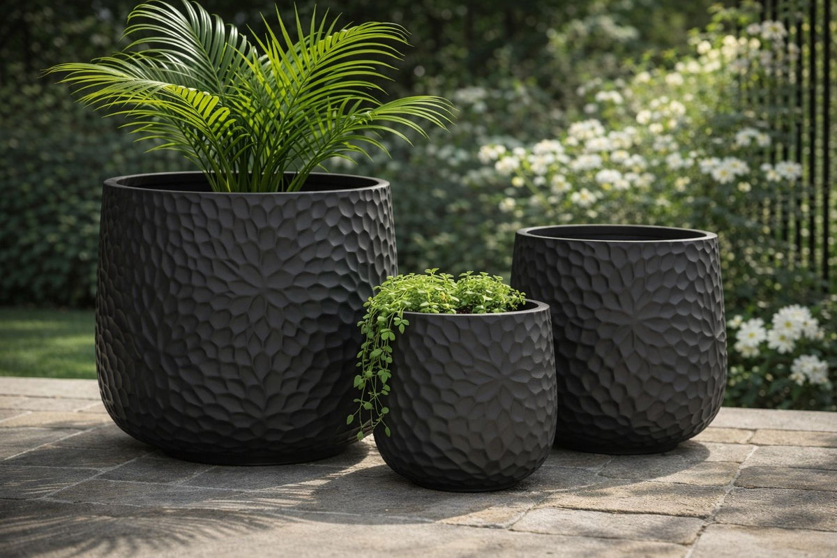 Gemelli Colllection concrete planter set modern textured plant pots indoor outdoor garden planters durable cement plant containers large medium small sizes modern home décor greenery pots