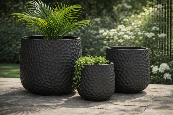 Gemelli Colllection concrete planter set modern textured plant pots indoor outdoor garden planters durable cement plant containers large medium small sizes modern home décor greenery pots