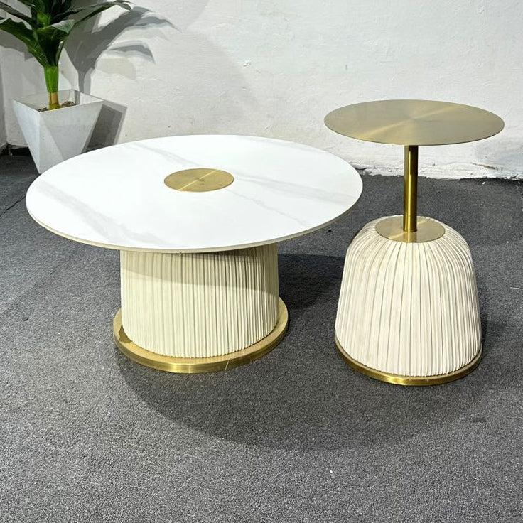 2-Piece  Marble & Aluminium Top with Pleated Fabric Base Nesting Side Table Set |