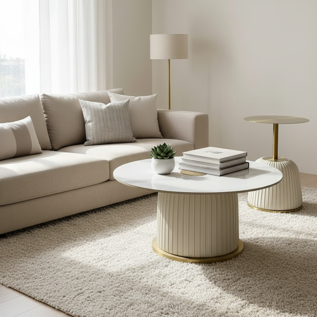 2-Piece  Marble & Aluminium Top with Pleated Fabric Base Nesting Side Table Set |