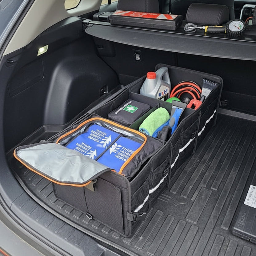 large capacity car trunk organiser with insulated cooler compartment and adjustable dividers.