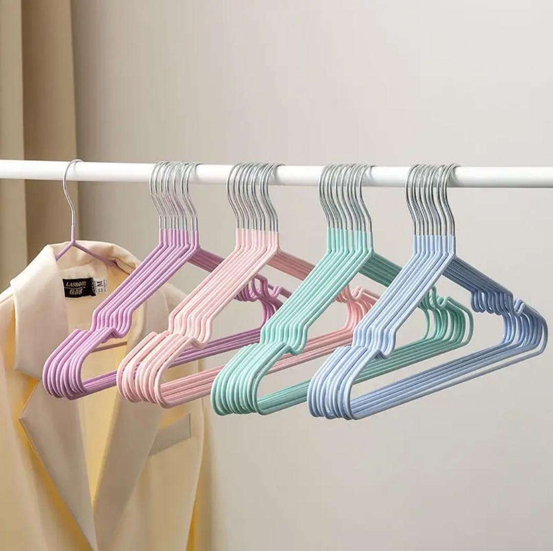 10pc PVC Coated Metallic Clothes Hangers Set – Non Slip Durable Wardrobe Hangers with Silver Hooks in Pink Blue Grey