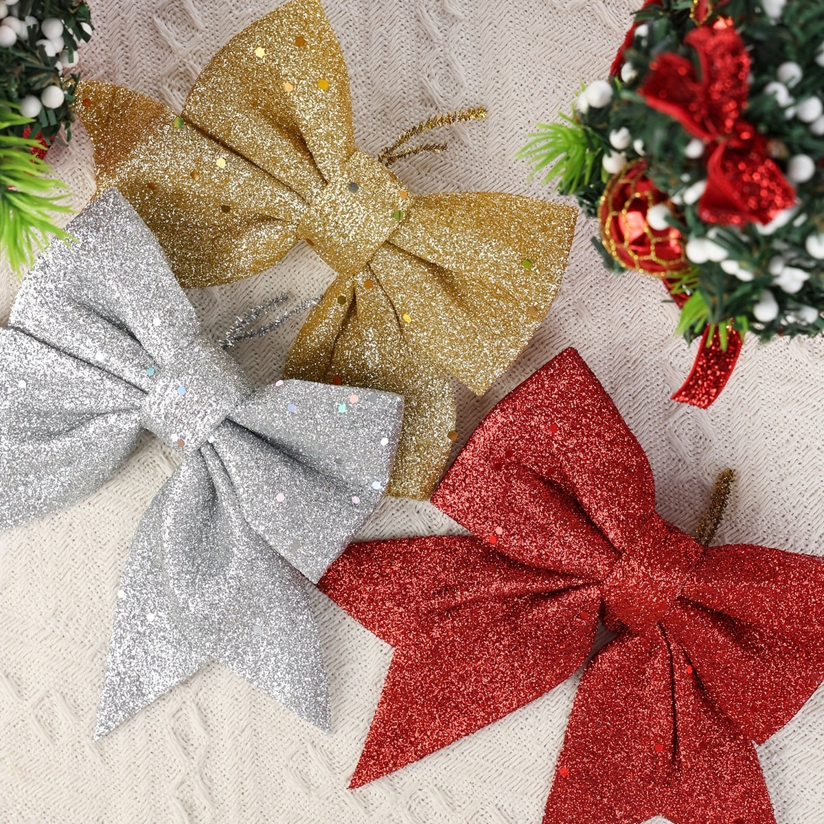 25×30 cm Christmas tree decorating bows in white, silver, red, and pink.