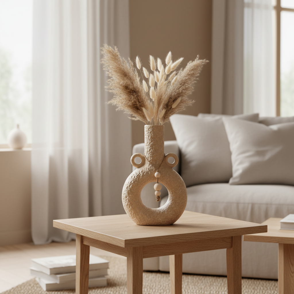 Donut ceramic vase with decorative bead garland modern hollow vase for dried flowers pampas grass shelf coffee table and minimalist home décor.
