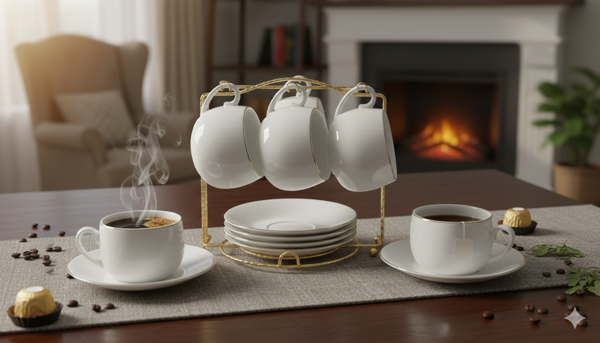 Porcelain Cup & Saucer Set with Gold Rim