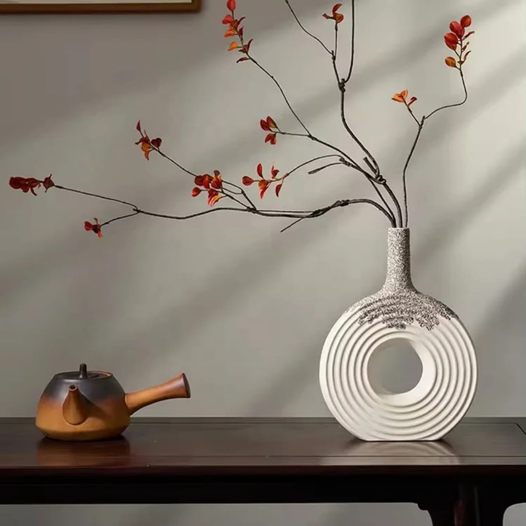Decorative round elegant white ceramic vase modern flower vase for dried flowers pampas grass shelf coffee table and minimalist home décor.