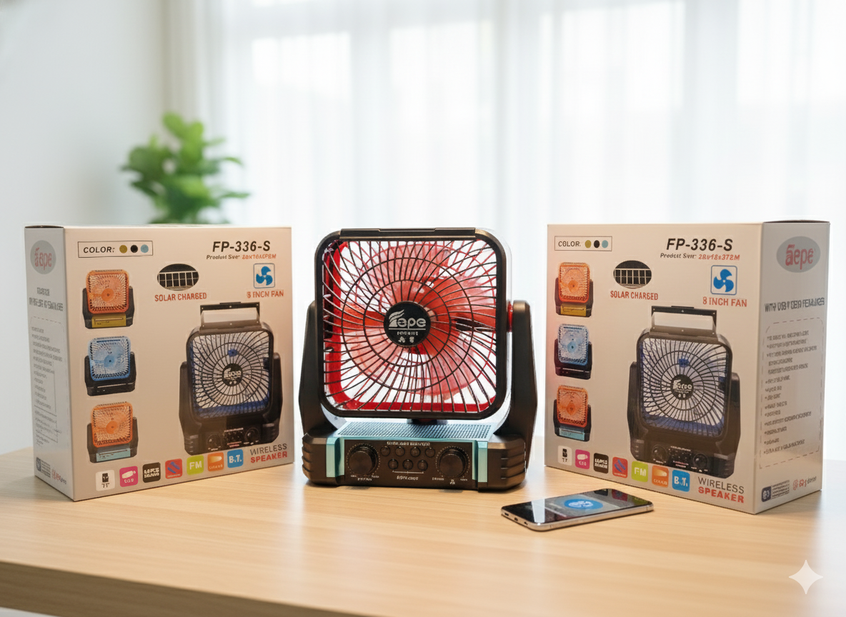 Gemelli Collections solar fan with Bluetooth speaker and FM radio – portable rechargeable cooling fan for home and outdoor use.