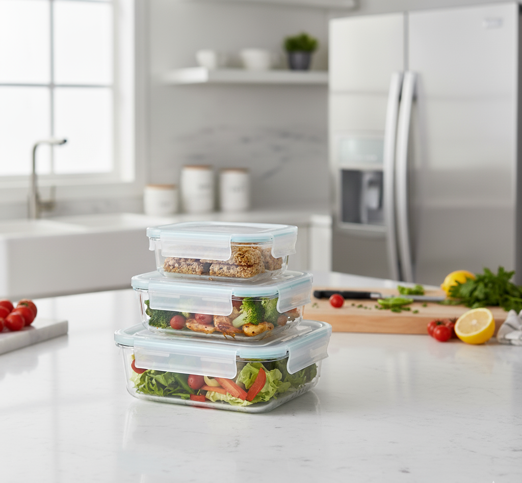 Gemelli Collections rectangular borosilicate glass food storage container set with airtight locking lids.