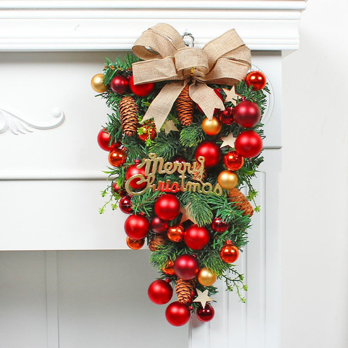Christmas Teardrop Swag with Baubles and Ribbon Bows 36cm