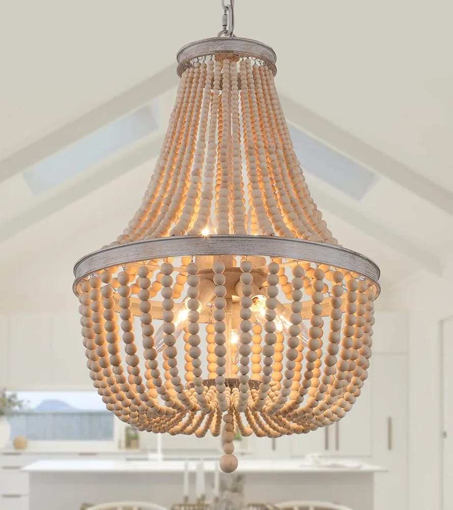 Wood bead empire chandelier with cascading natural beads and warm ambient lighting farmhouse boho pendant light for dining and bedroom