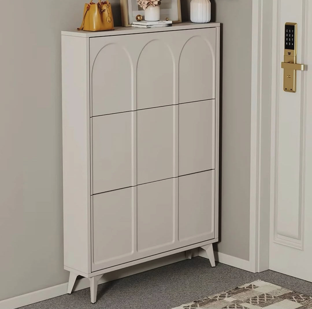 Ultra-thin bucket flip shoe rack cabinet with space-saving design and concealed compartments for organised shoe storage in entryways, hallways, and small spaces