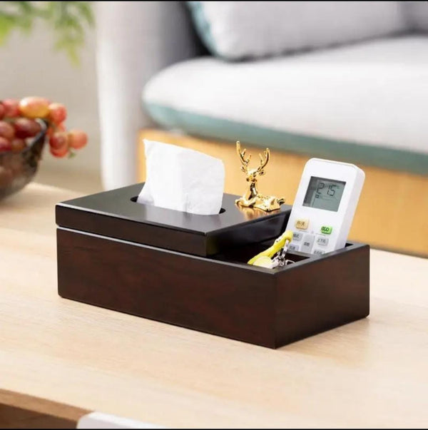 Tissue Box Holder, Wooden Dual Compartment Desk Organizer 