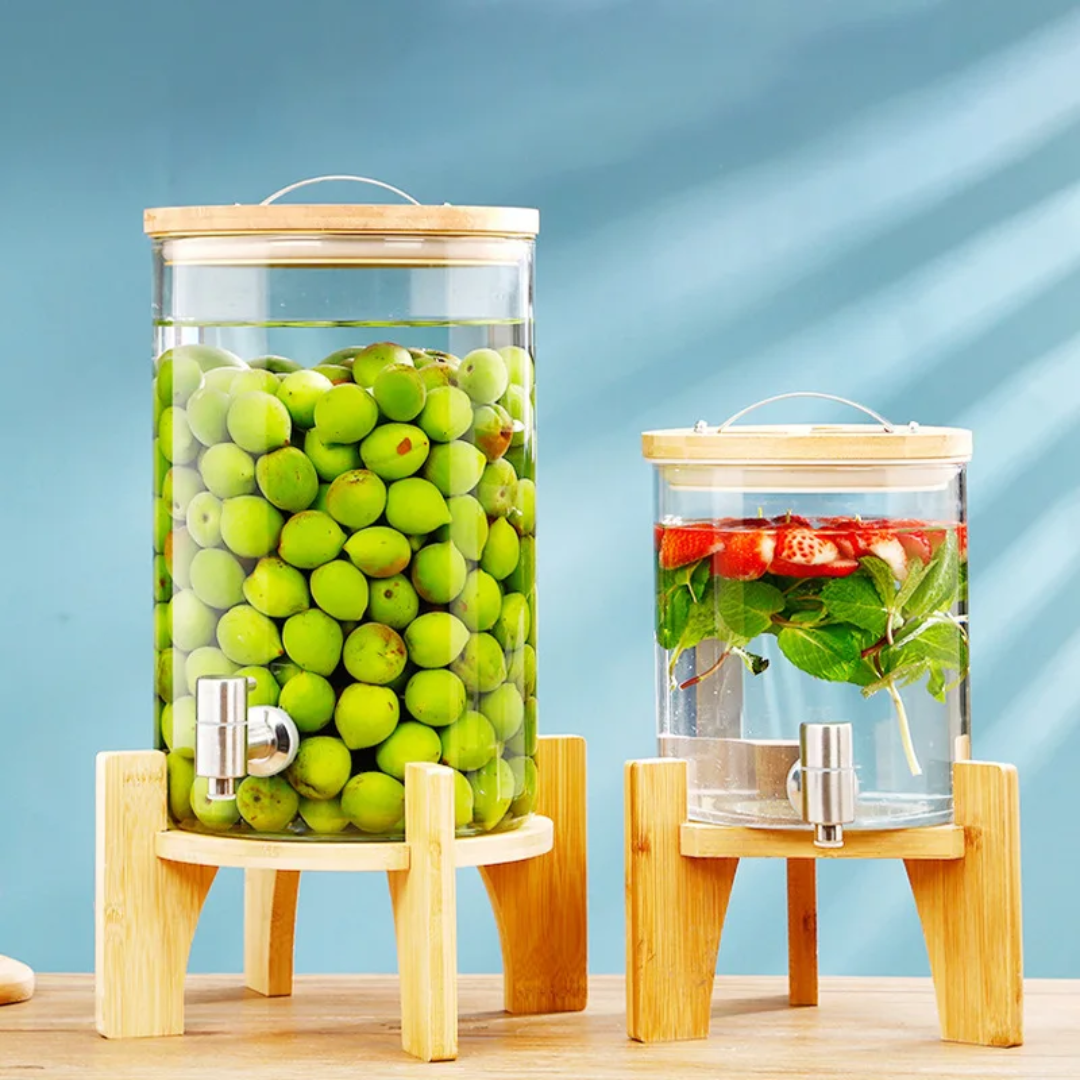 Glass Juice and Beverage Dispenser with Bamboo Stand