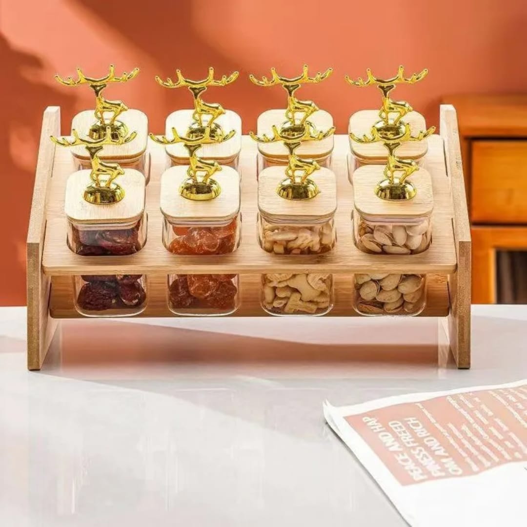 Gemelli Colllection 8pcs kitchen spice rack set bamboo stand 300ml airtight glass spice jars countertop spice organiser set food storage containers modern kitchen seasoning rack clear jars bamboo holder spice storage set kitchen organisation rack airtight seasoning jars