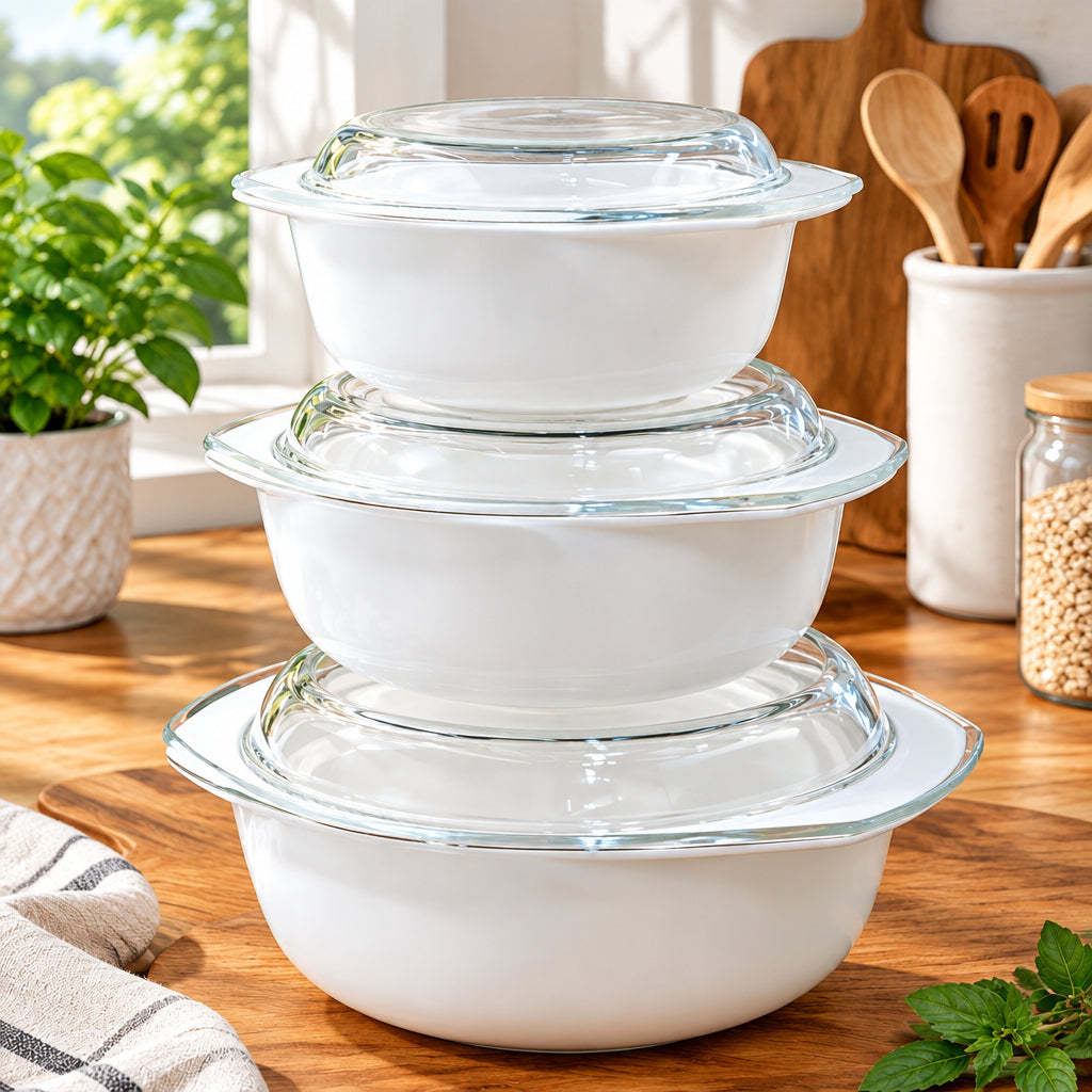3-piece white casserole dish set with gold rim for cooking serving and food storage