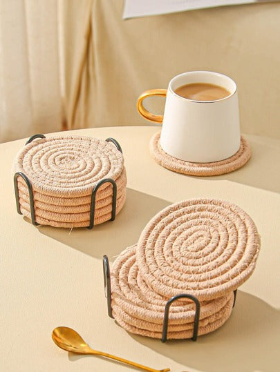 8 Piece Cotton Woven Coaster Set with Metal Stand