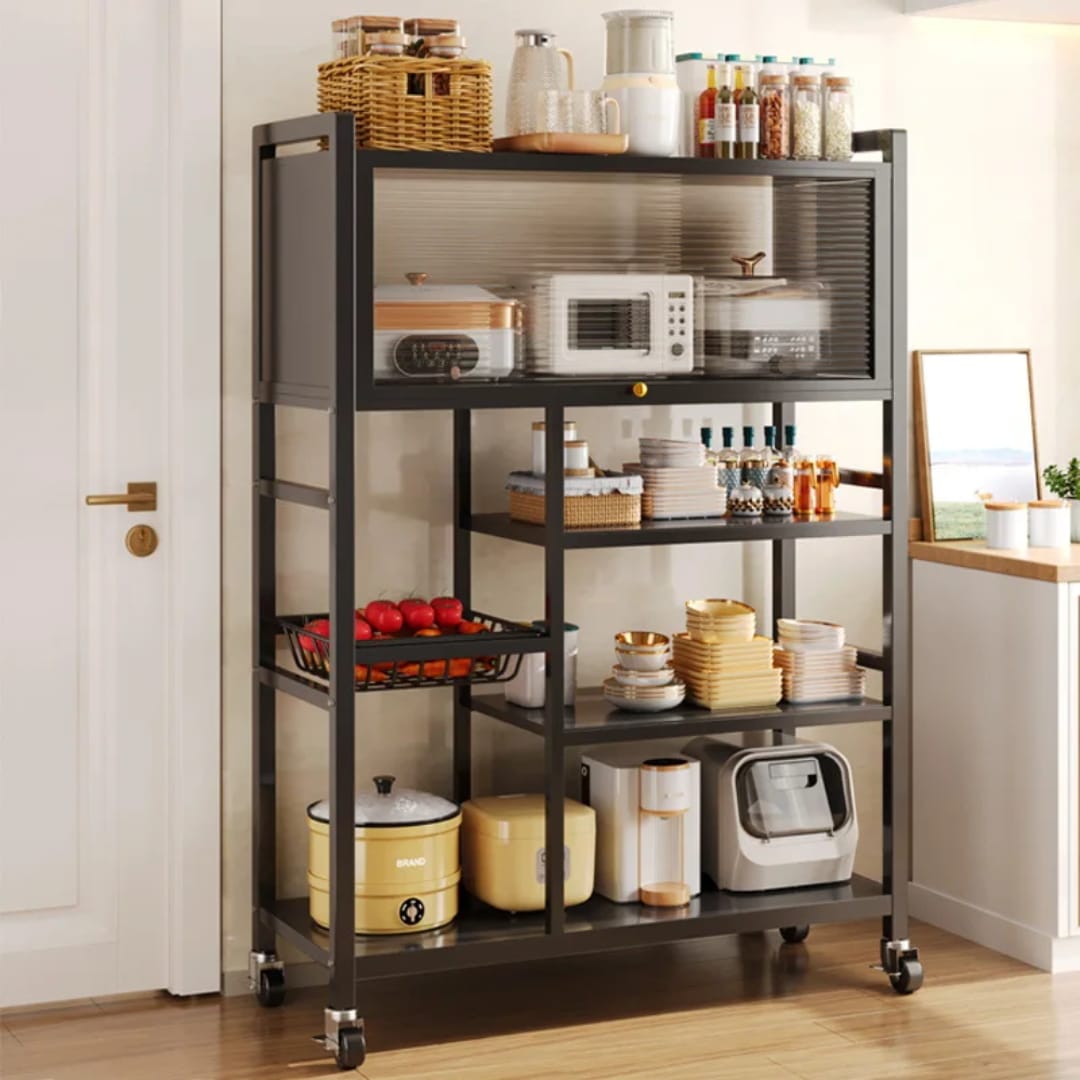 Gemelli Colllection heavy duty kitchen cabinet with wheels microwave storage cabinet rust proof kitchen organiser black white mobile kitchen storage unit dust proof appliance stand modern kitchen trolley cabinet with wheels space saving kitchen furniture storage rack