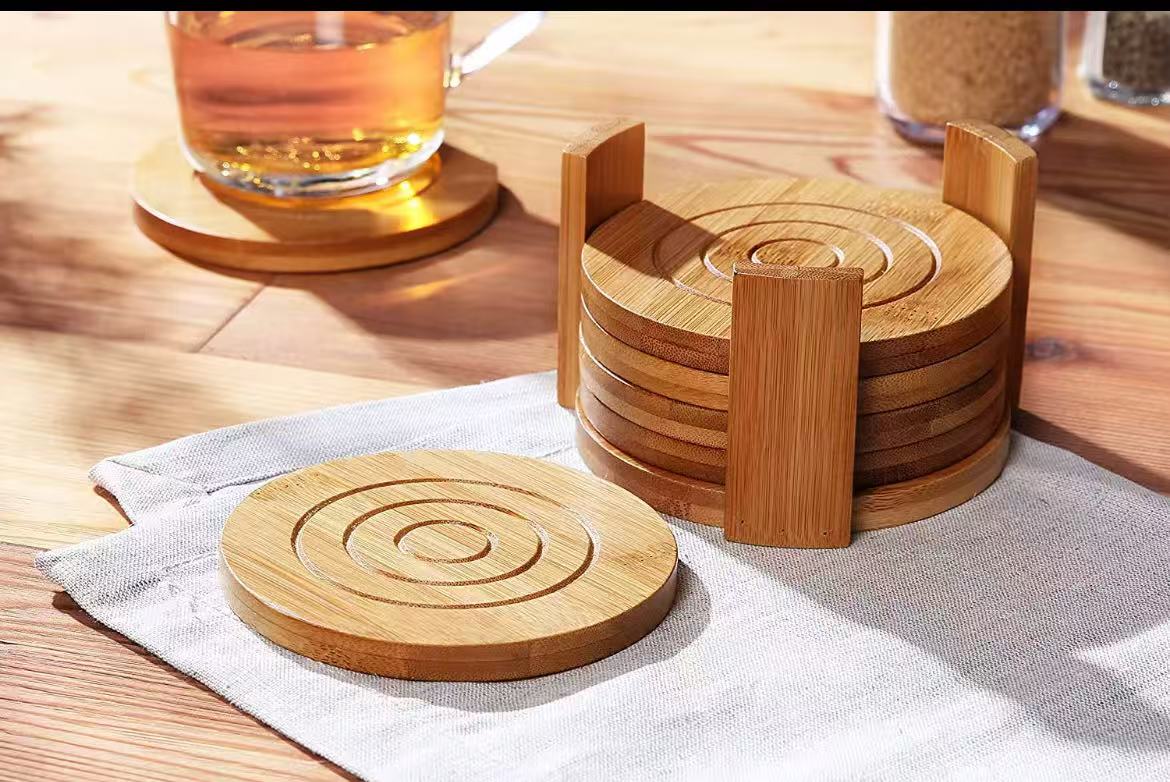 Set of 6 round natural bamboo coasters protecting surfaces from heat and stains
