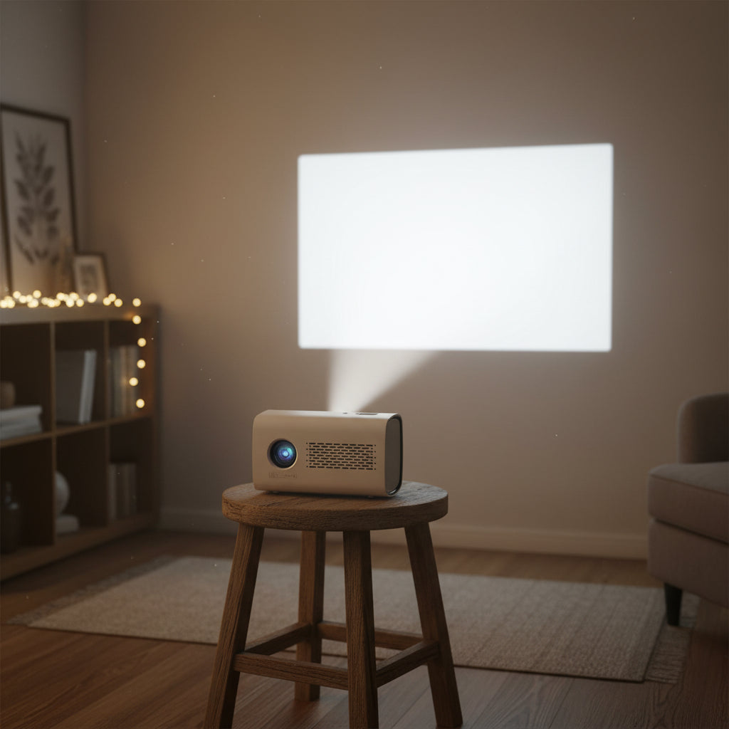 Gemelli Collections T100 smart Android 9.0 projector with WiFi, Bluetooth, HDMI, USB connectivity, and 16GB storage for home theatre and presentations.