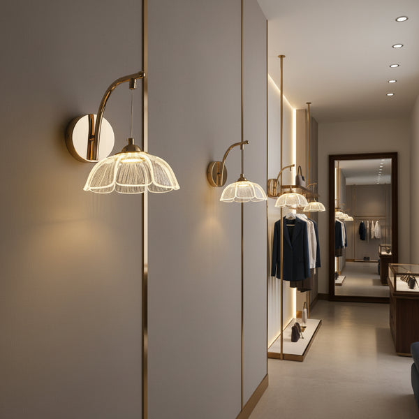 Golden LED wall lamp with clear acrylic shade, modern adjustable CCT indoor decorative lighting fixture