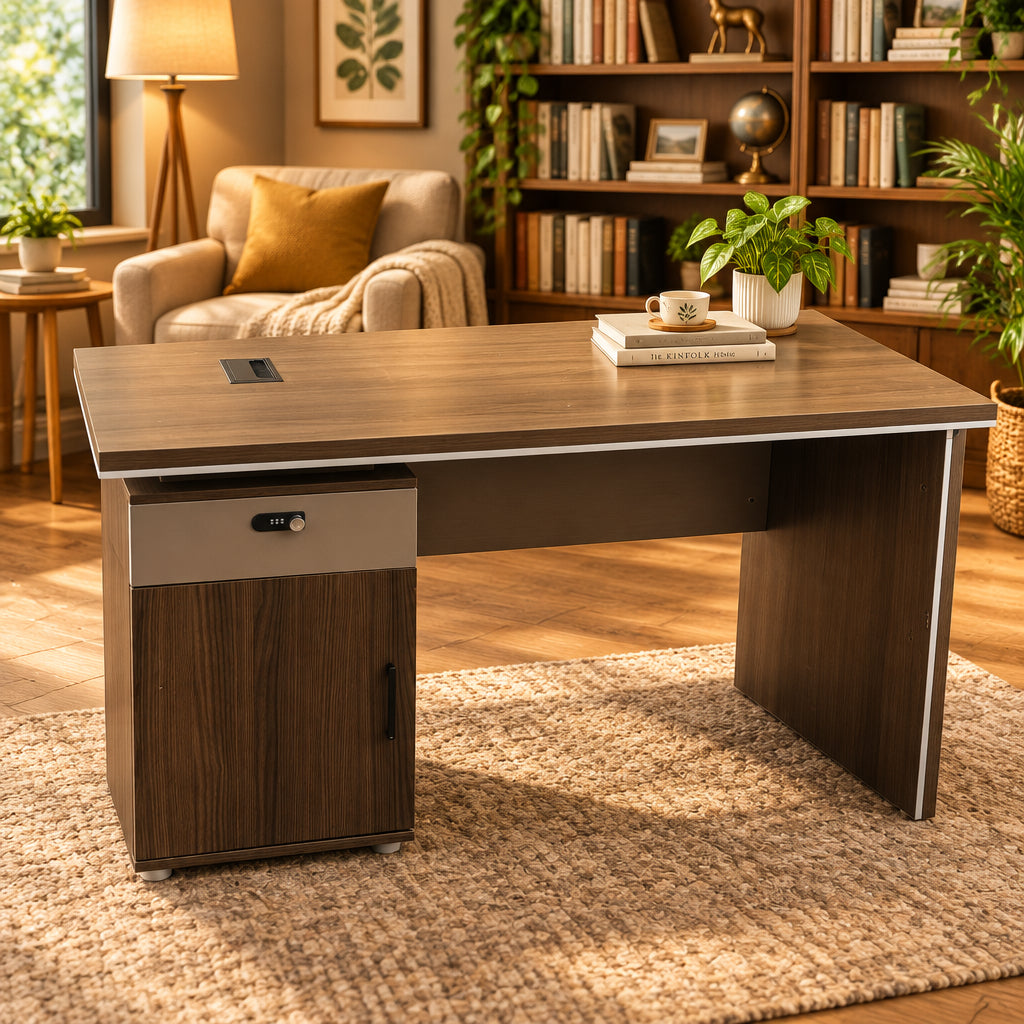 Brown Walnut Finish Office Desk with Lockable Drawer and Cabinet Storage