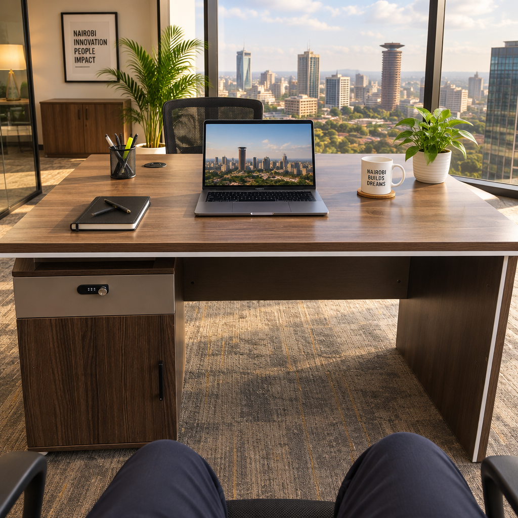 Executive Office Desk with Lockable Drawer and Cabinet Storage, Brown Walnut Finish #147-1 -Gemelli Collection