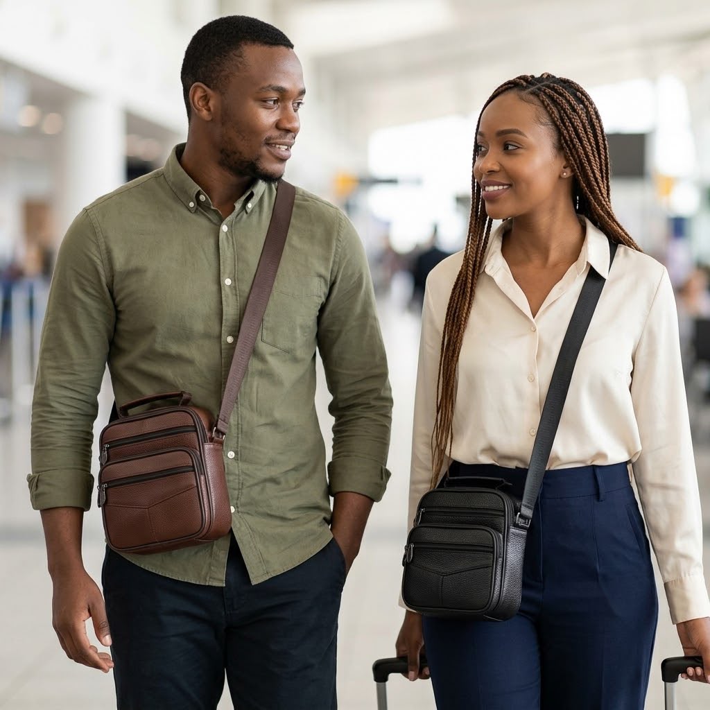 Gemelli Collections unisex leather crossbody bag with multiple zipped compartments, adjustable shoulder strap and storage for phones, wallets and daily essentials.