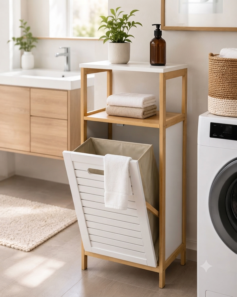 Gemelli Collections multifunctional bamboo laundry and storage cabinet with removable laundry basket measuring 98cm x 34cm x 38cm.