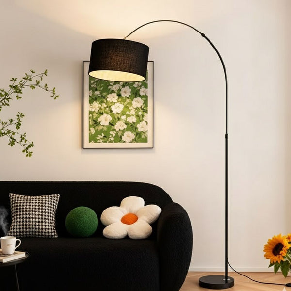 Gemelli Colllection modern adjustable arc floor lamp with curved metal stand and fabric shade for living room lighting décor