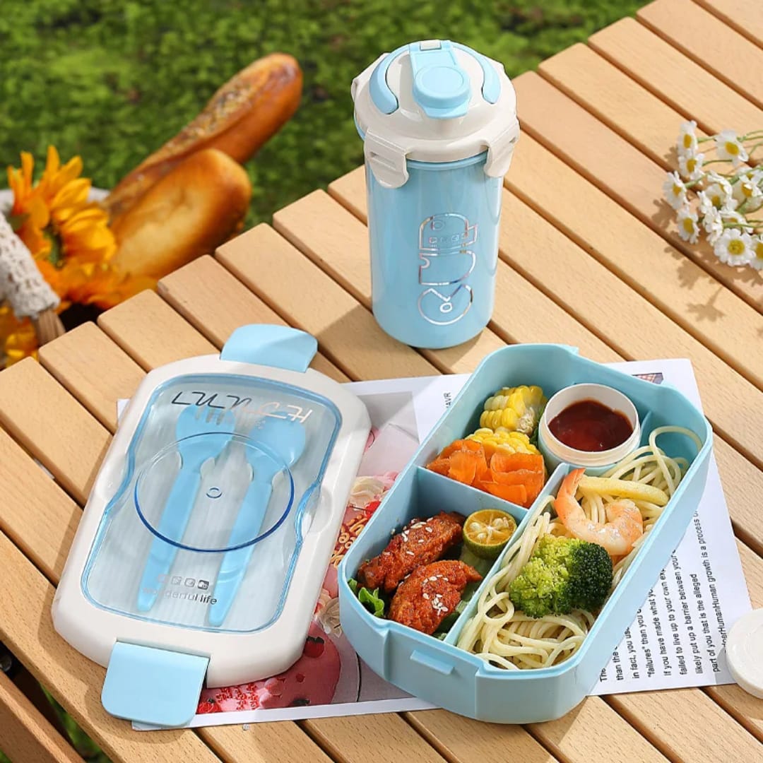 2-in-1 lunch box and water bottle set in blue, pink, and purple