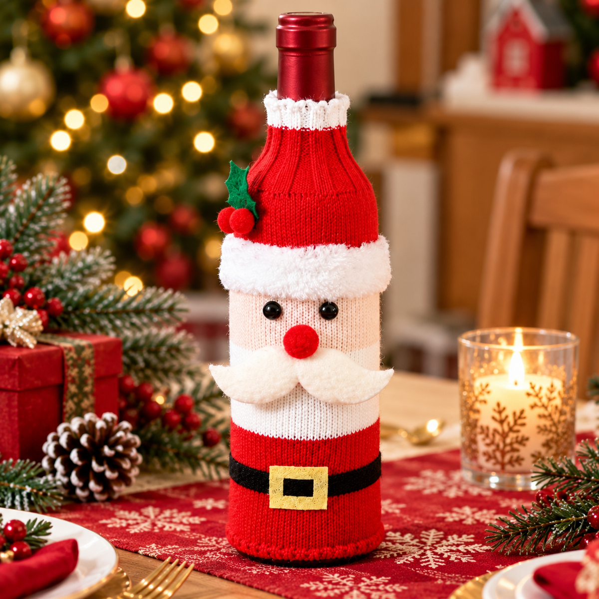 Woven Christmas Wine Bottle Covers Santa and Snowman Designs