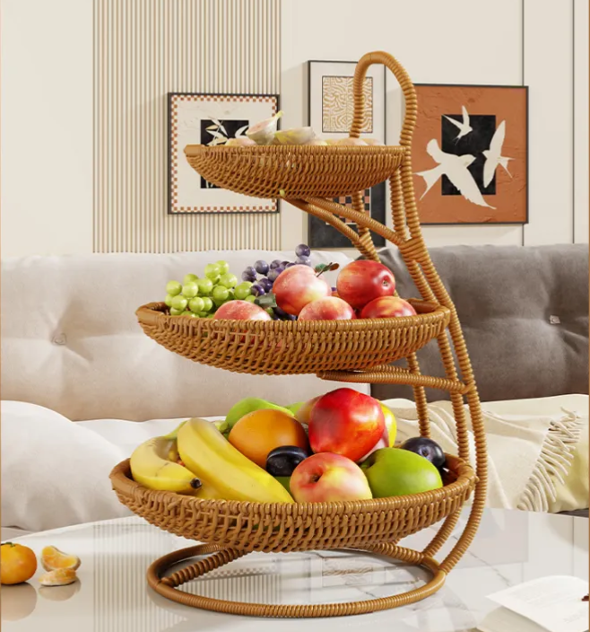 3 tier handmade rattan fruit rack in brown with woven design for displaying fruits snacks and decorative items on kitchen counters and dining tables.