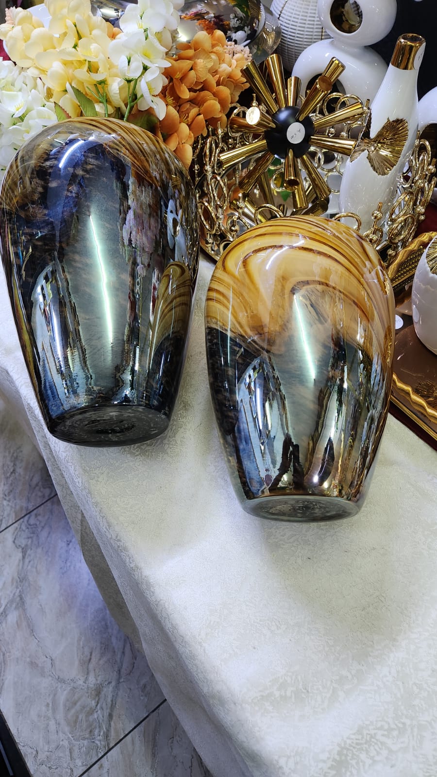 Handblown Amber Swirl Glass vase with caramel, brown, and smoke grey patterns