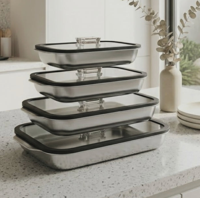 4-Piece Stainless Steel Serving Containers with Glass Lids