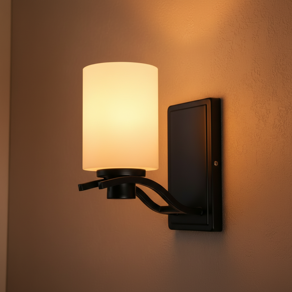 Modern black, white, and clear glass wall lamp with iron frame, E27 indoor decorative lighting fixture