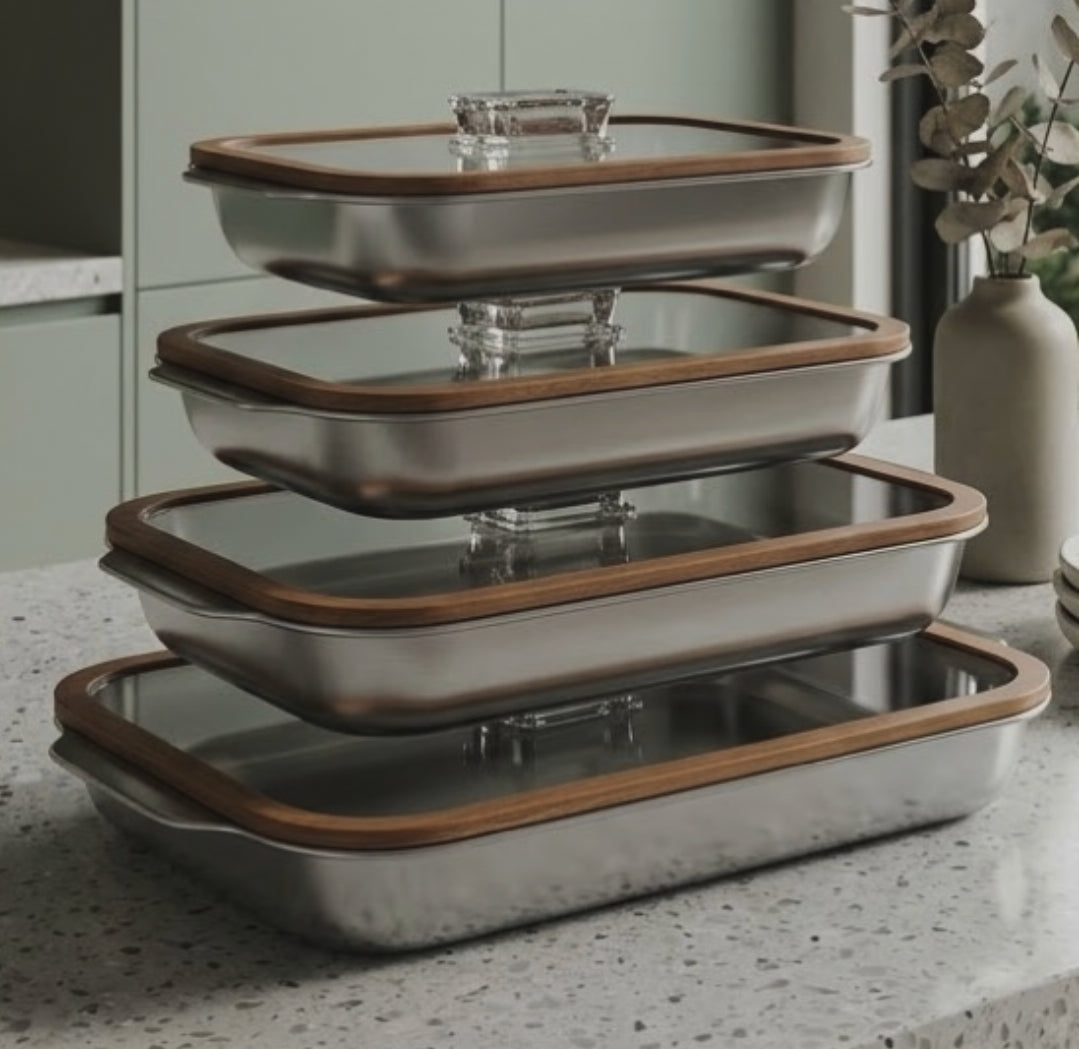 4-Piece Stainless Steel Serving Containers with Glass Lids