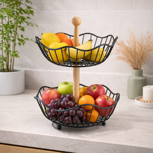 2 layer metallic fruit rack with strong durable construction for organising and displaying fruits vegetables and kitchen essentials.