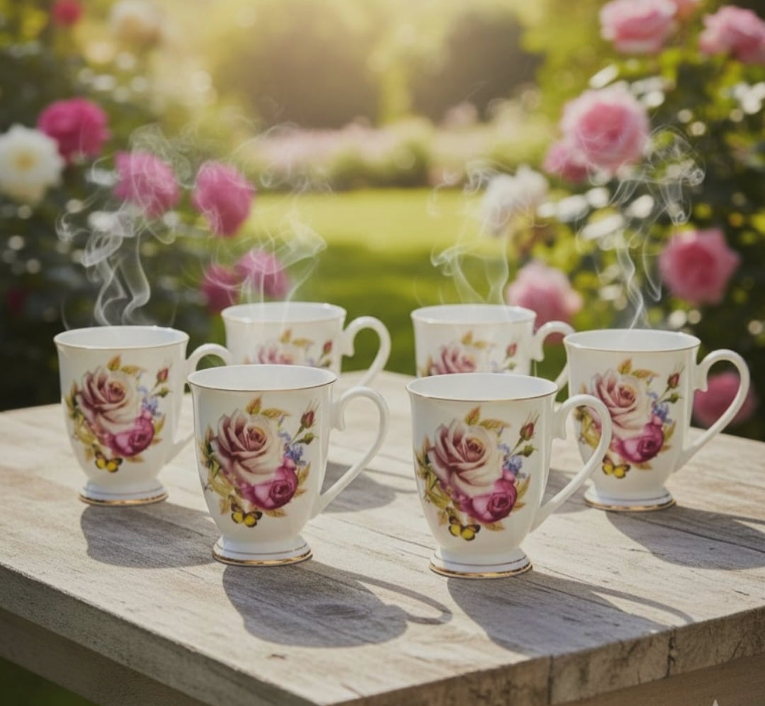 Gemelli Collections 6 piece bone china shapely cups set with 325ml capacity and assorted floral designs for tea and coffee serving.