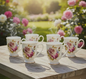 Gemelli Collections 6 piece bone china shapely cups set with 325ml capacity and assorted floral designs for tea and coffee serving.
