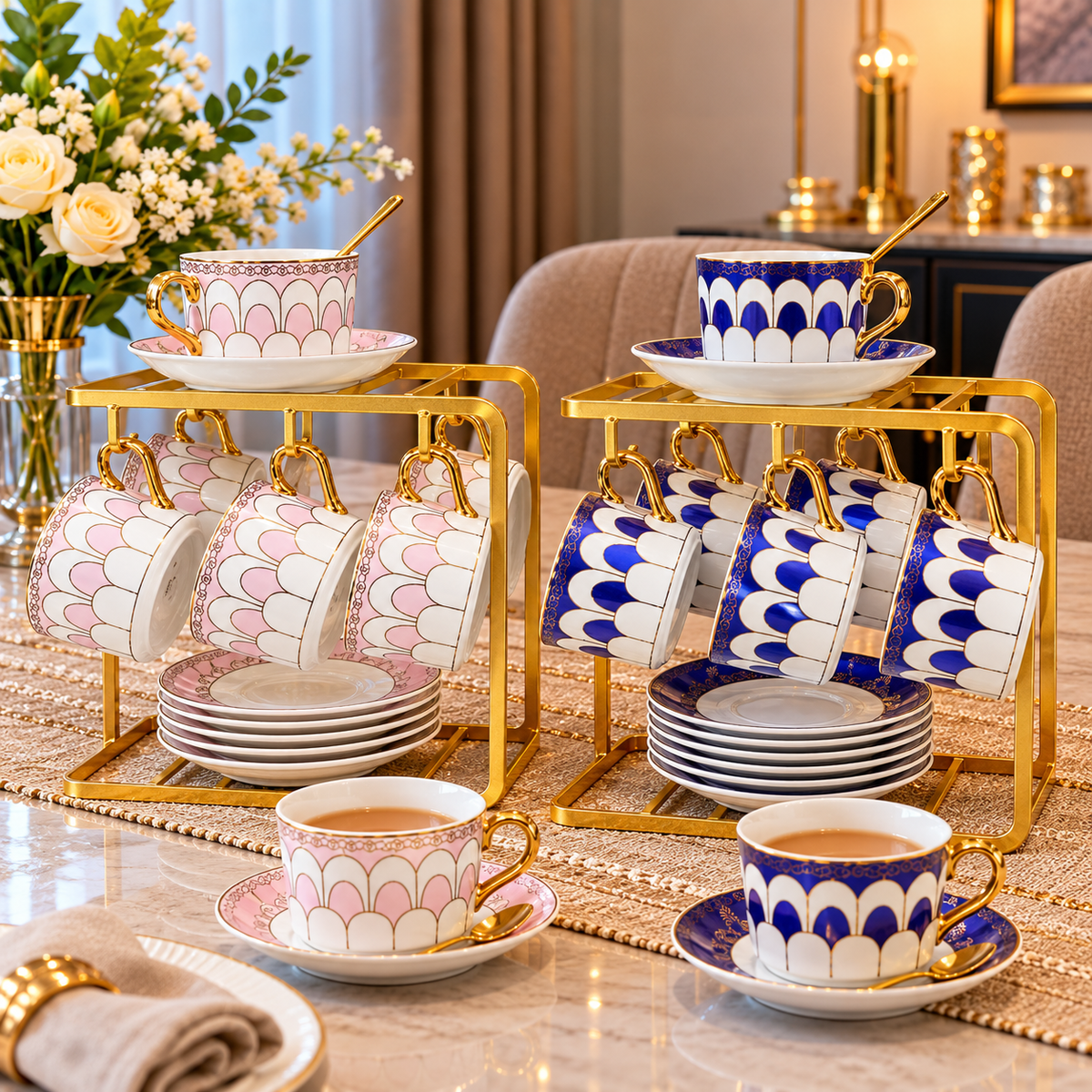 19-Piece Porcelain Tea Set with Gold Rack and Matching Saucers