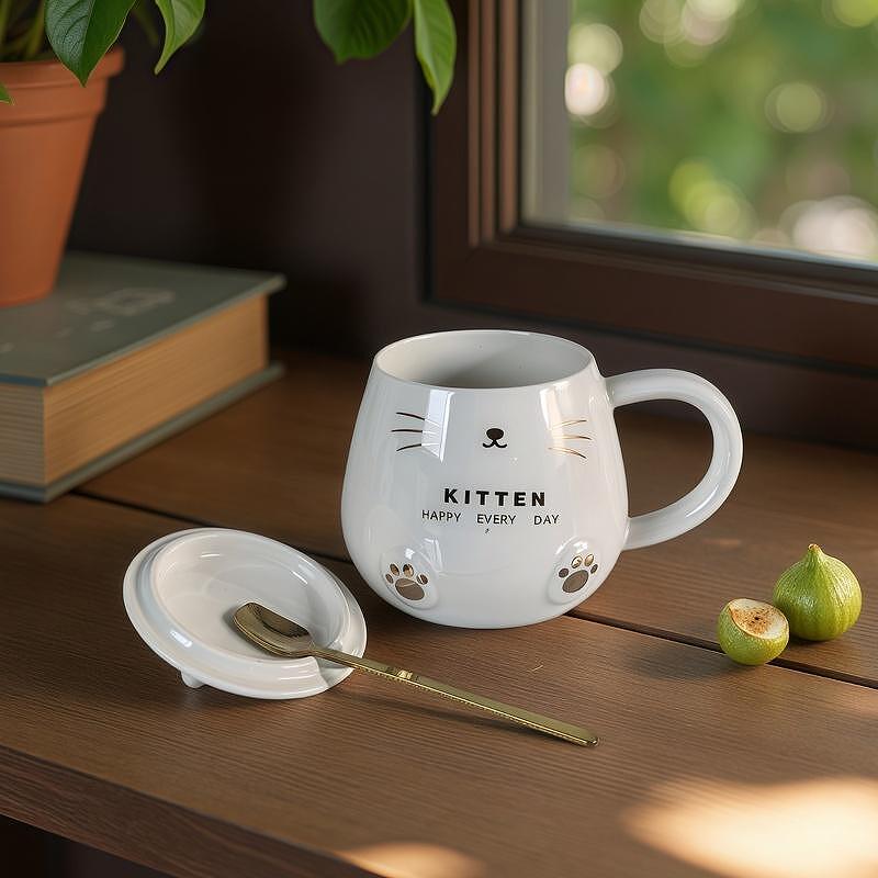 Glossy Kitten-Themed Coffee Mug with Lid and Spoon