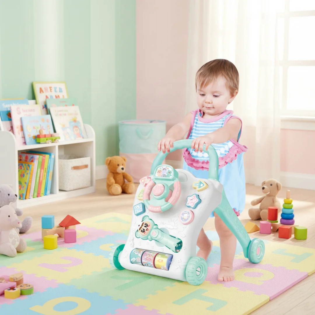 Musical push walker designed to support babies learning to walk indoors