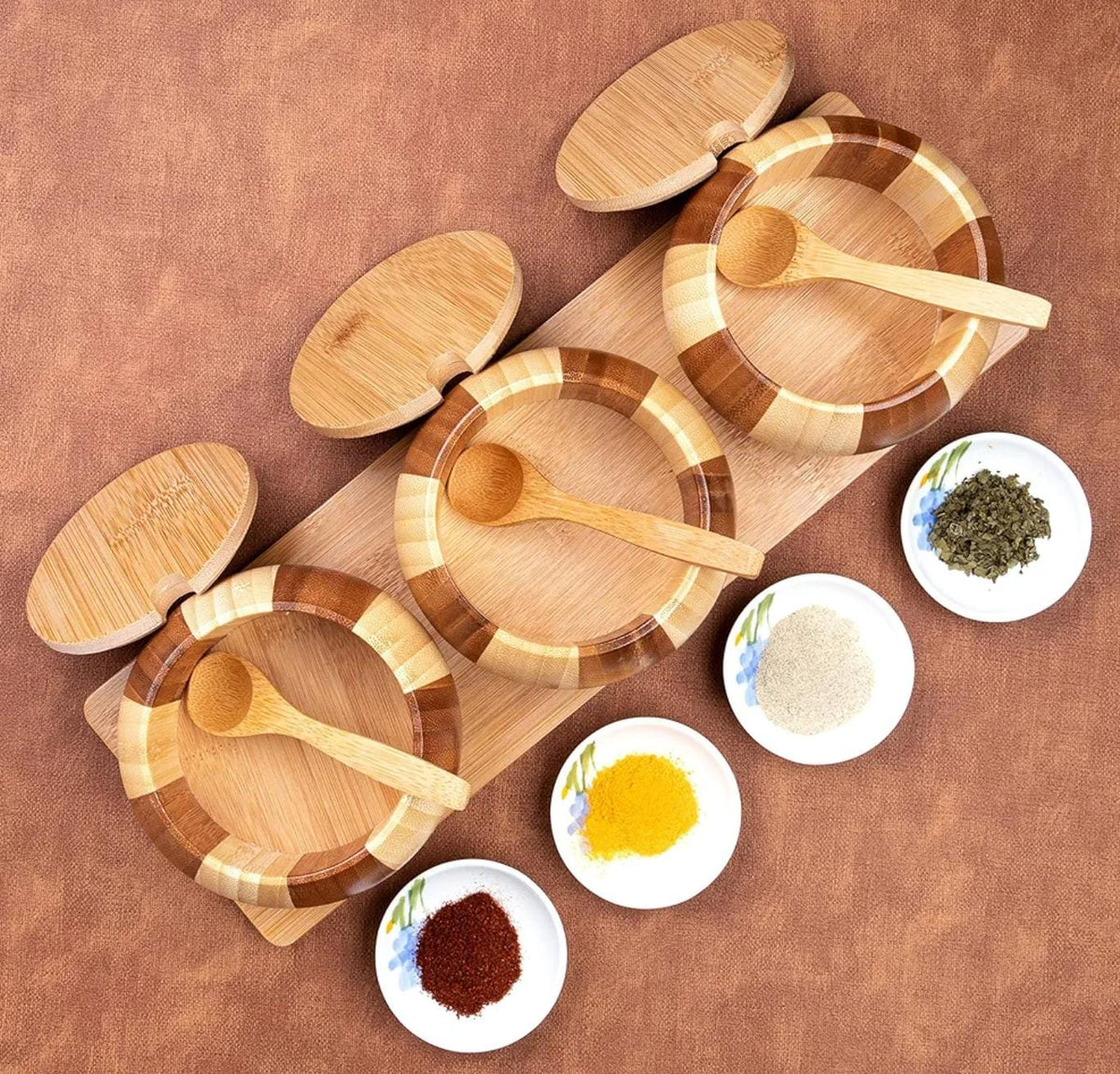3-Piece Bamboo Condiments Set with Stand, Airtight Containers for Spices, Sauces, and Kitchen Organization
