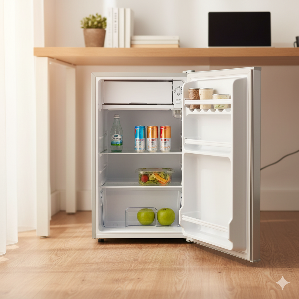 silver 90l single door fridge with lock, glass shelf, and freezer compartment