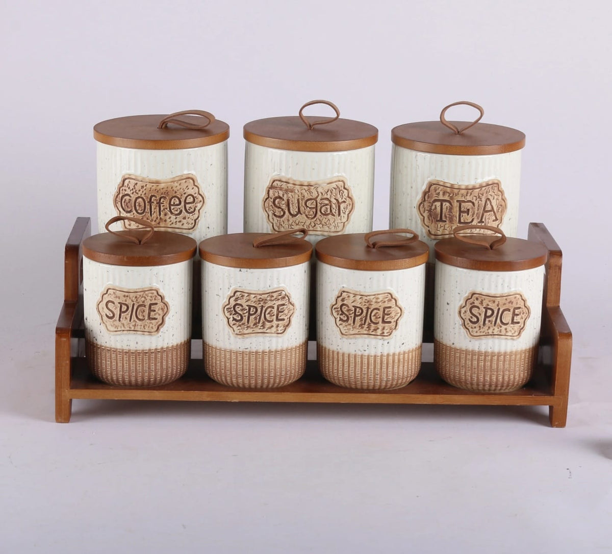 7 Piece Rustic Ceramic Canister Set with Wooden Stand