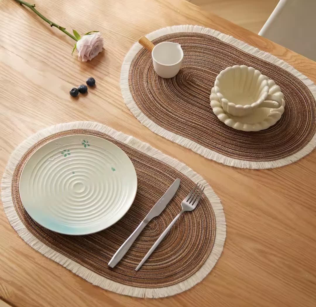 Gemelli Collections 6 piece oval cotton braided table placemats brown washable heat resistant non slip dining mats